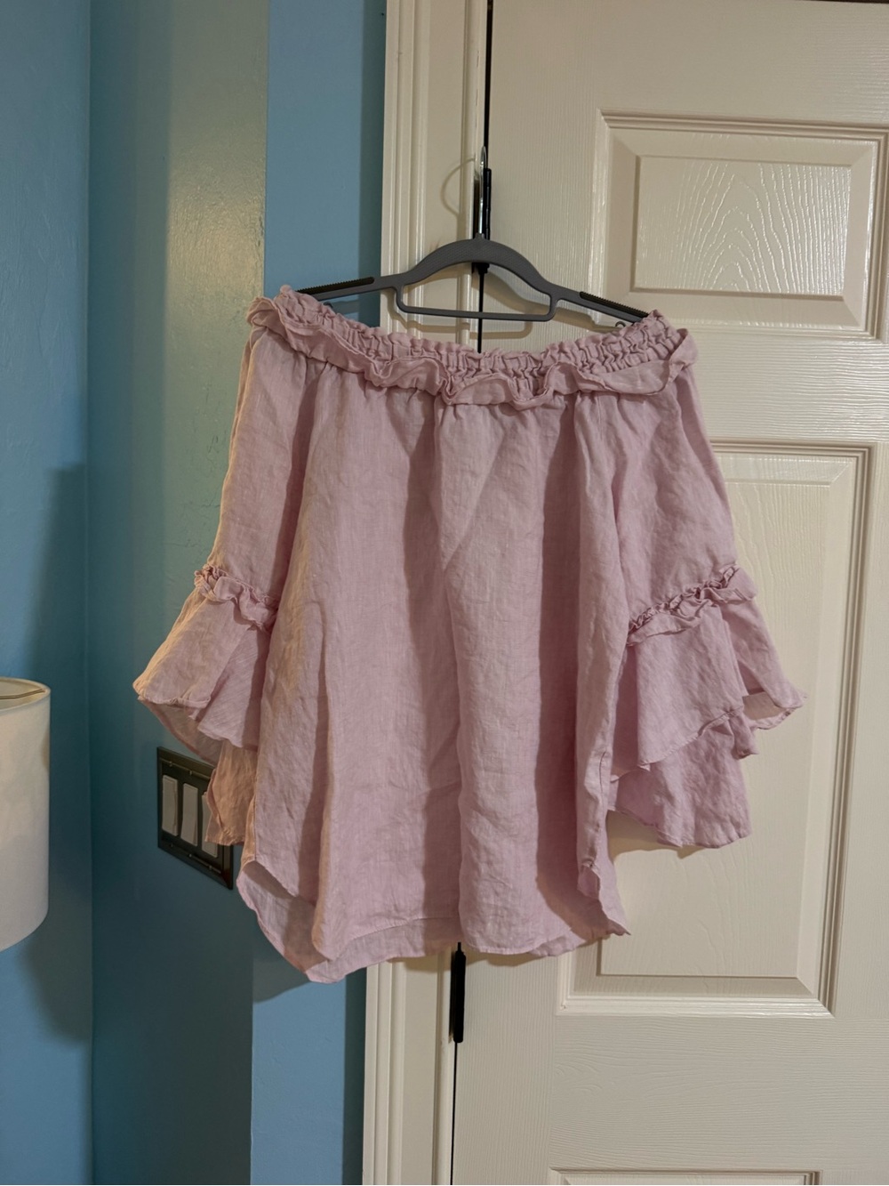 Sara Campbell Light Pink Ruffled Off-Shoulder Linen Blouse